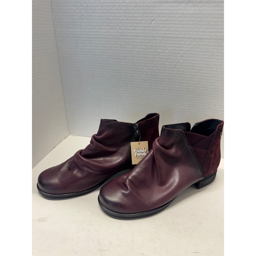 Wanda Panda Burgundy Leather Ruched Ankle Boots Spain Womens 41 10 NEW